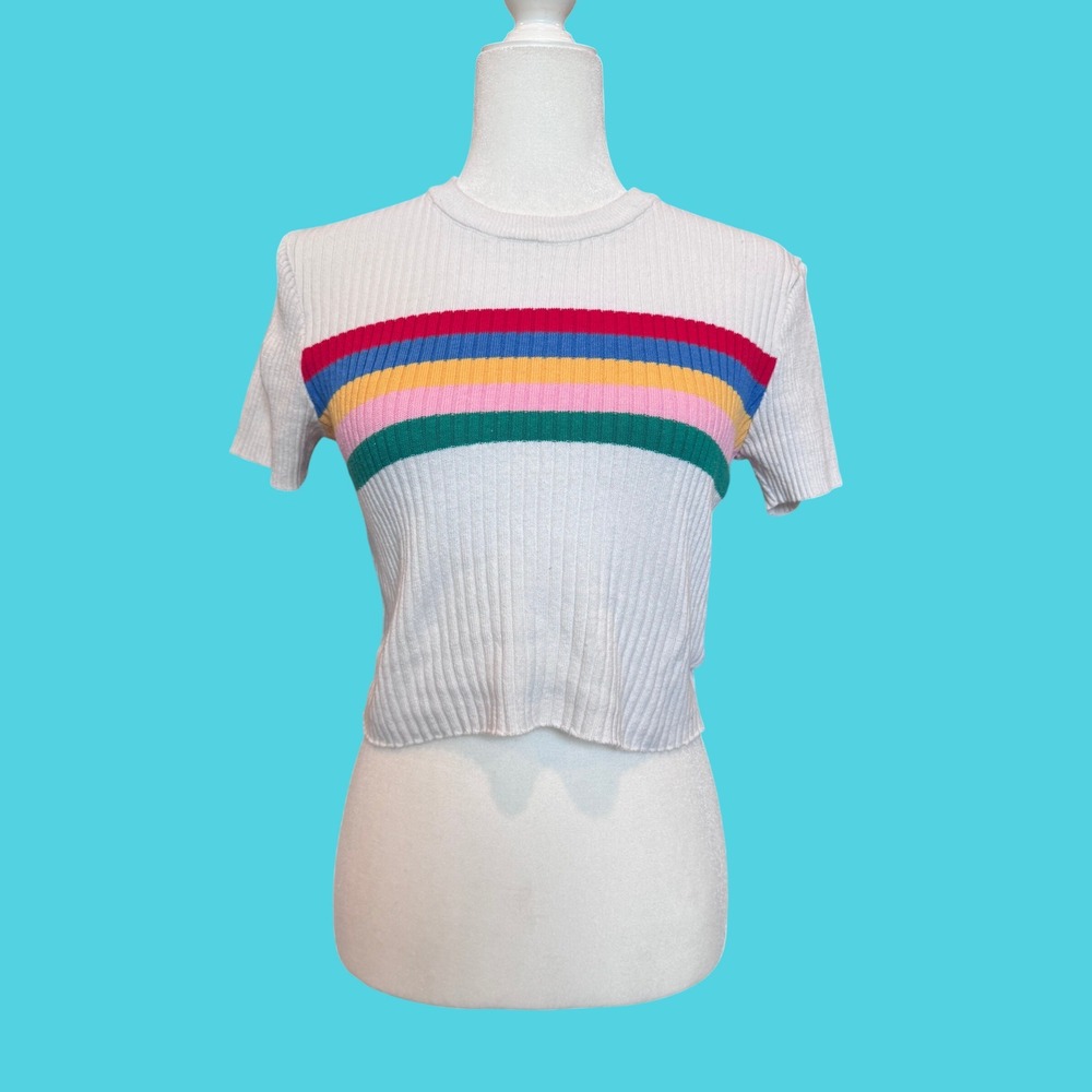 Urban Outfitters Ribbed Knit Crop Top Womens M White Rainbow Stripe Excellent
